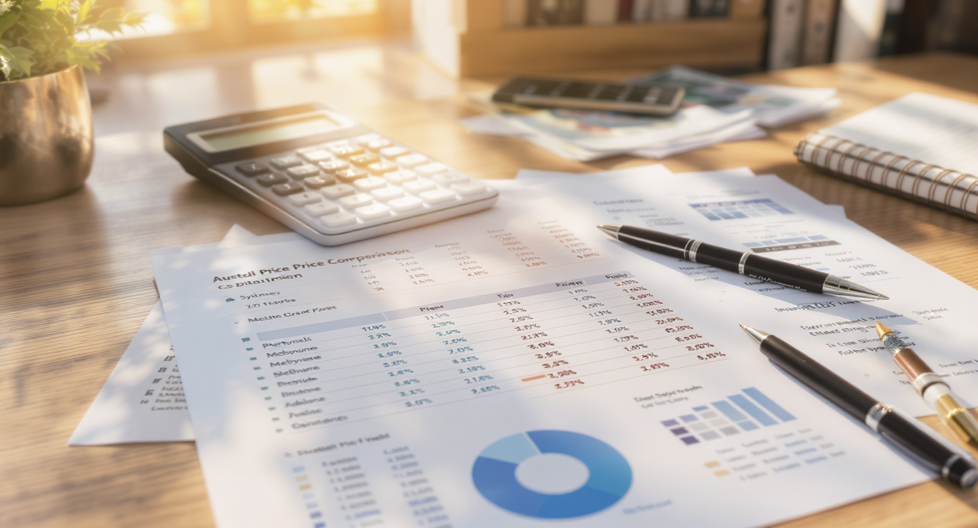 Printed Australian capital city house price comparison charts with calculator, pen, and - Somerstone Property Group