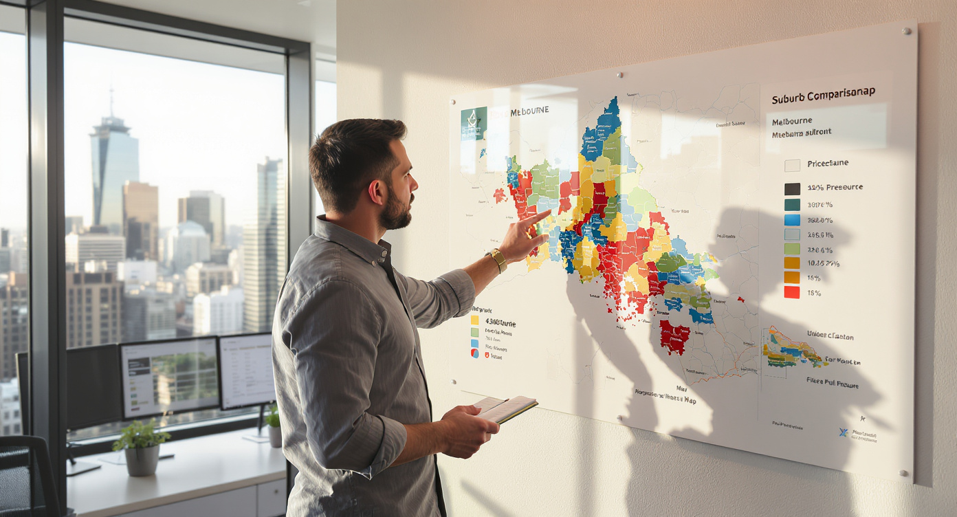 Property analyst pointing at Melbourne suburb performance map on office wall during - Somerstone Property Group
