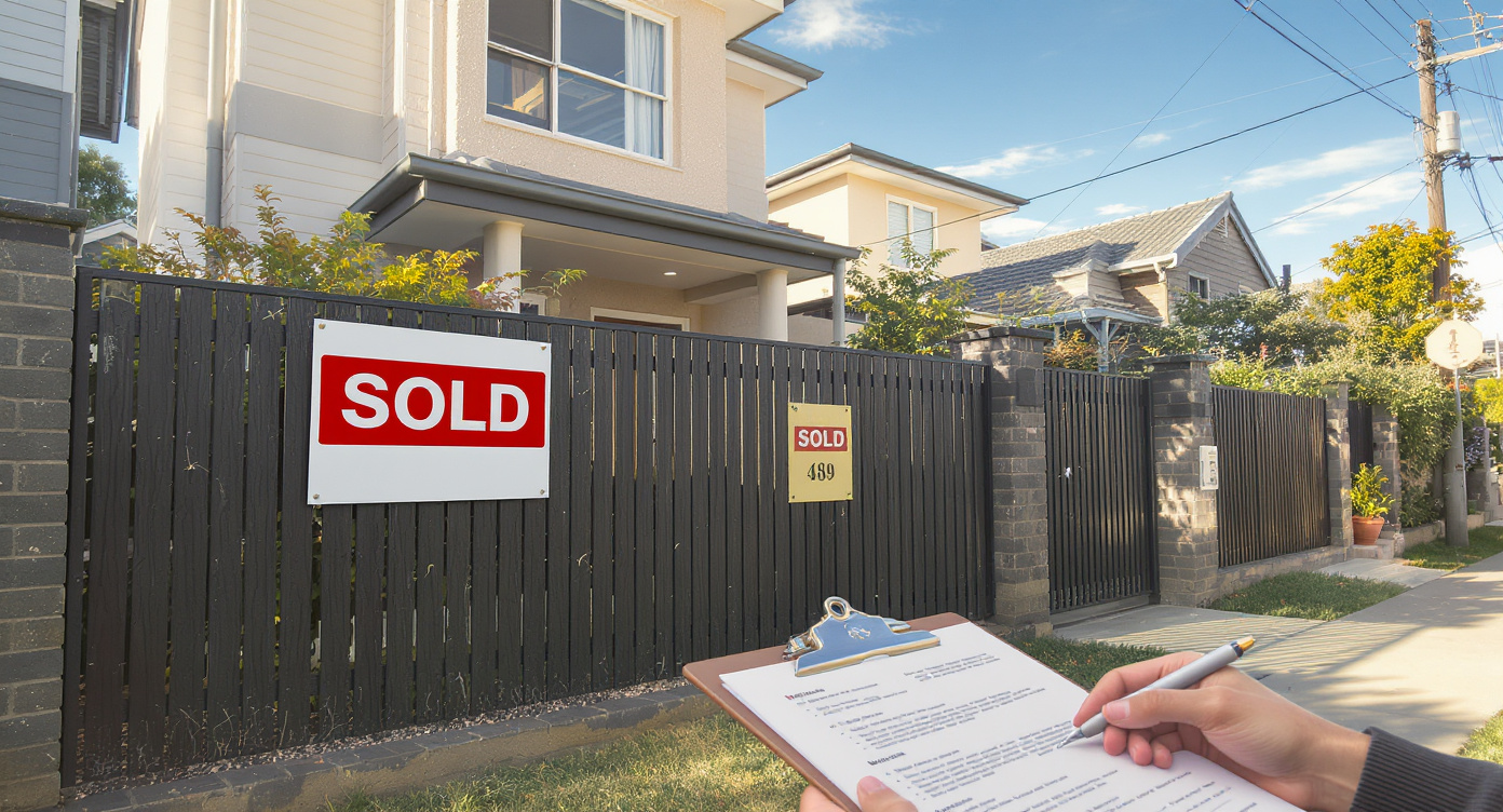 Property inspection scene at a residential townhouse with 'sold' signage visible on front - Somerstone Property Group