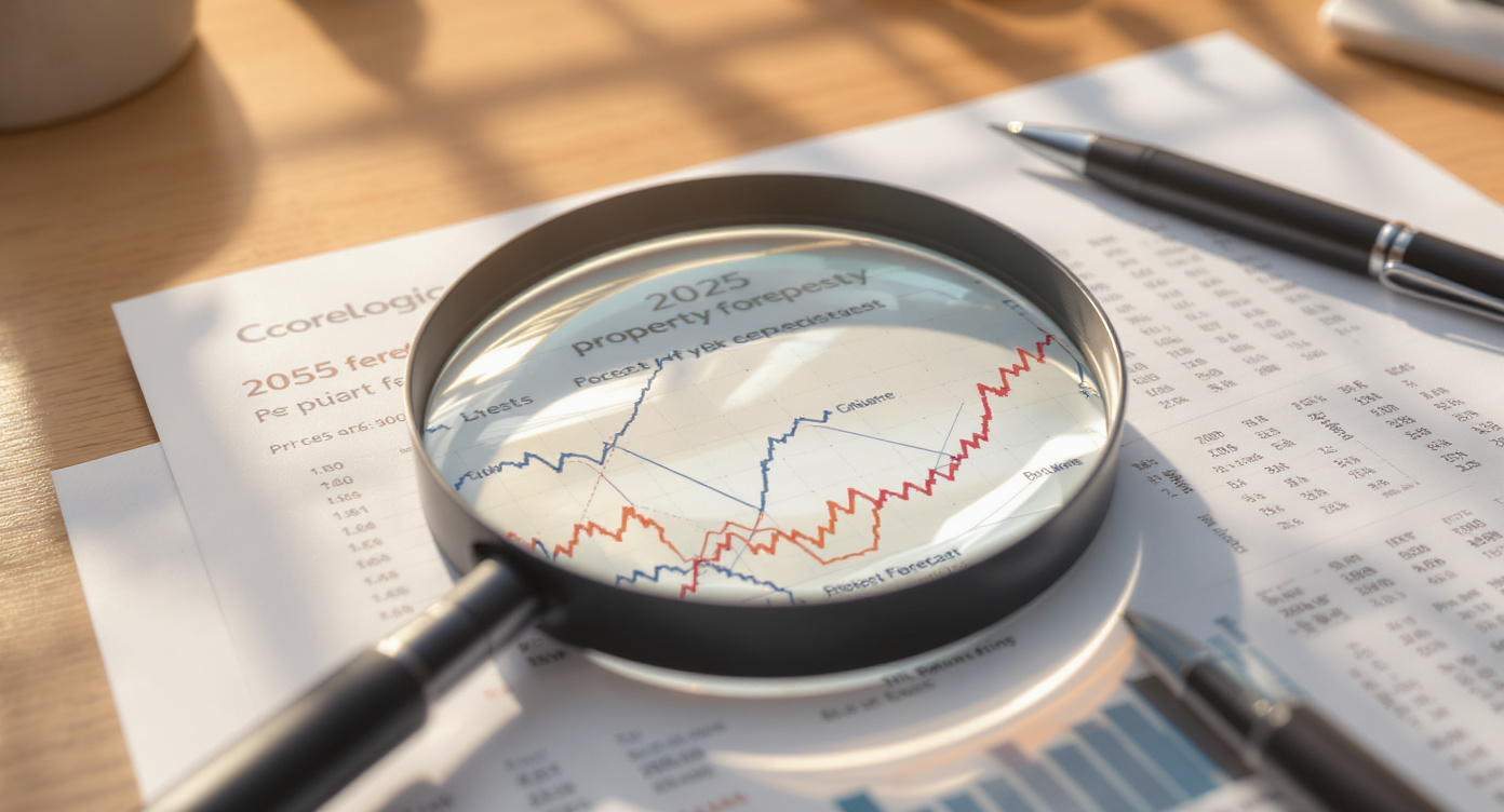 Magnifying glass positioned over printed 2025 Australian property forecast chart with - Somerstone Property Group