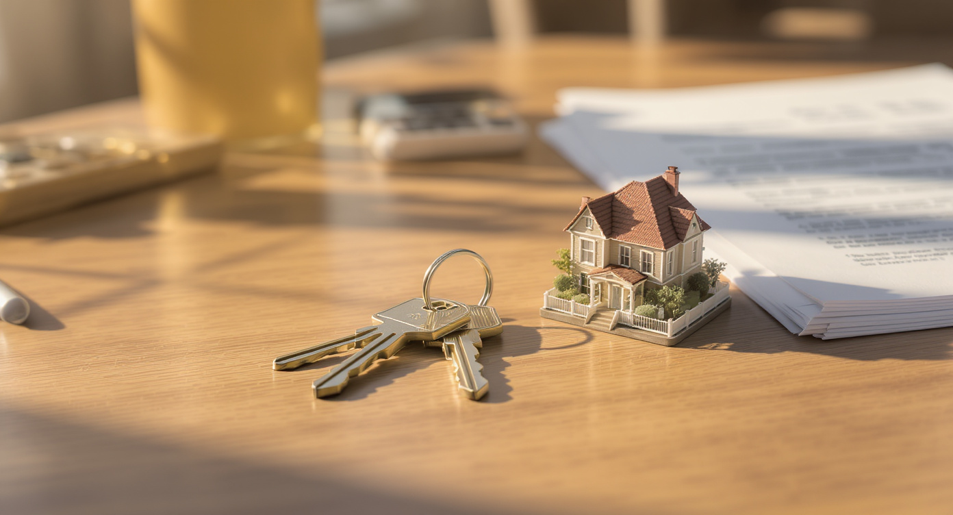House keys and a small architectural model of a Sydney terrace on a timber desk with - Somerstone Property Group