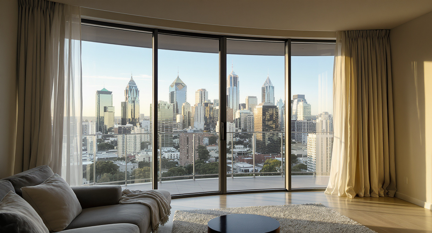 Interior of a residential apartment with floor-to-ceiling windows overlooking Melbourne - Somerstone Property Group