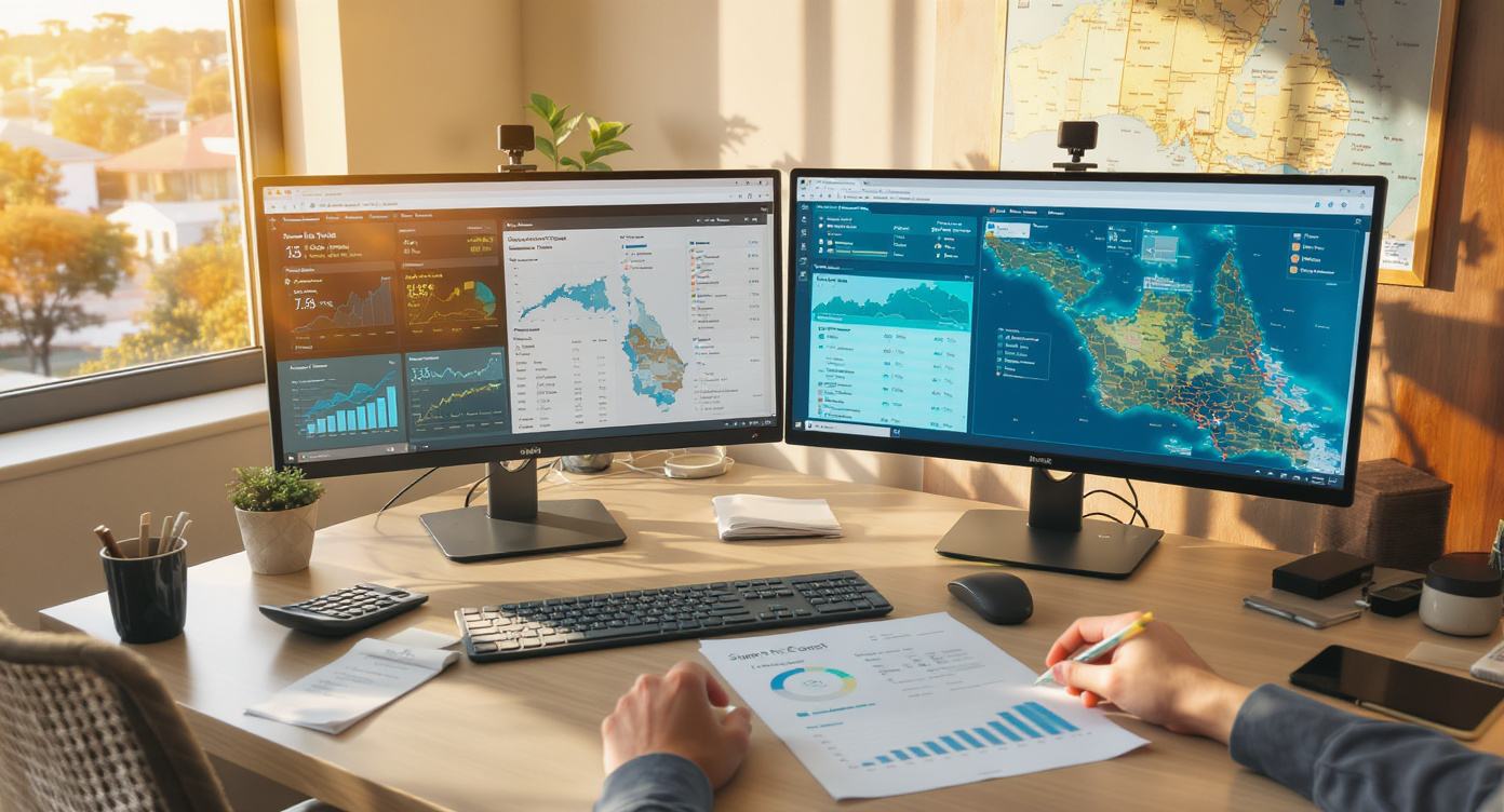 Dual-monitor analyst workstation displaying Sunshine Coast rental yield comparison charts - Somerstone Property Group