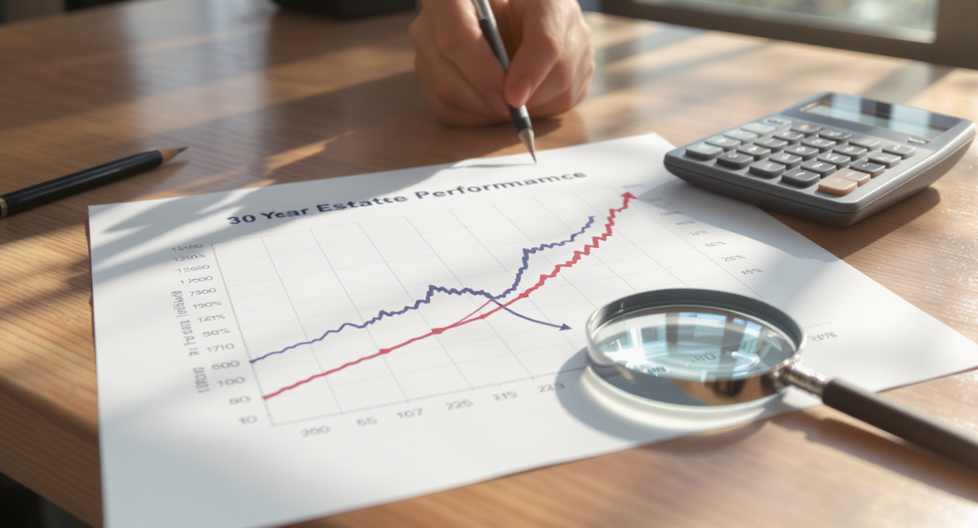 Printed dual-axis performance chart comparing 30-year stock and real estate return - Somerstone Property Group