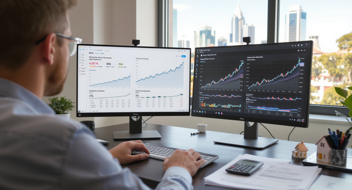 Property investor reviewing dual-monitor analytics dashboard showing property returns - Somerstone Property Group