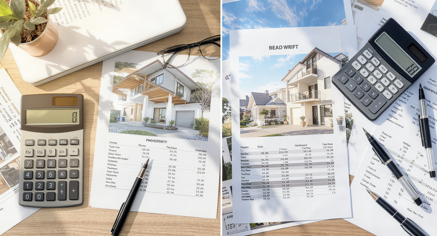 House and apartment property listings with comparative spreadsheet, calculator, and pen - Somerstone Property Group