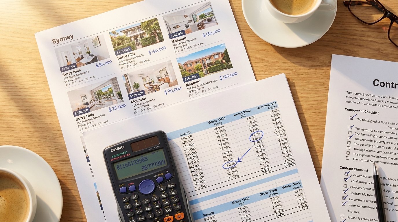 Investment property acquisition documents spread across desk with Sydney property - Somerstone Property Group