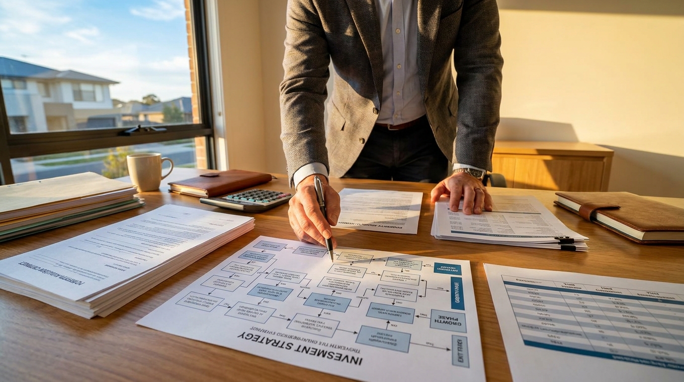 Property investor standing at desk, pointing at a printed investment strategy flowchart - Somerstone Property Group