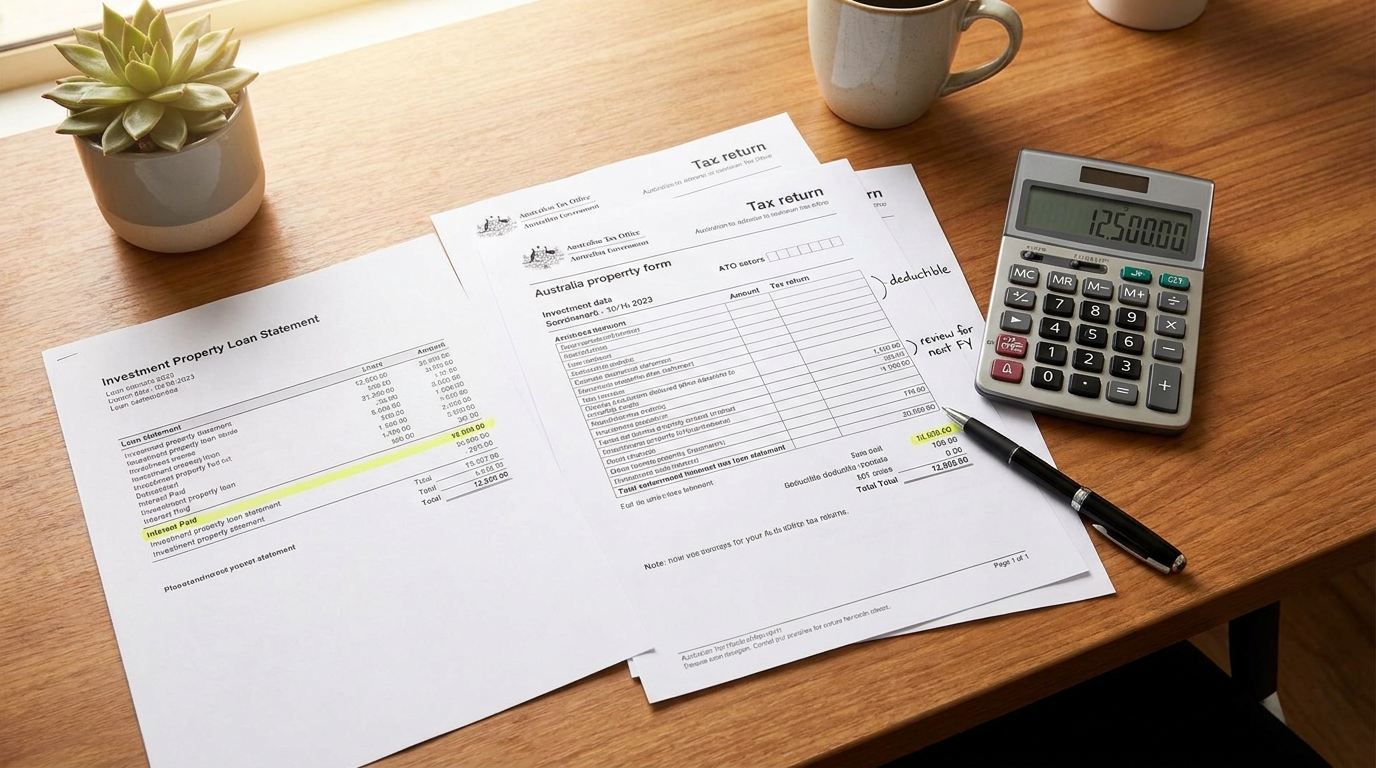 Tax return documents and investment property loan statements spread across desk with - Somerstone Property Group