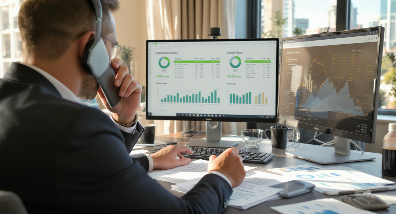 Mortgage broker or financial advisor on phone call, reviewing investment loan documents - Somerstone Property Group