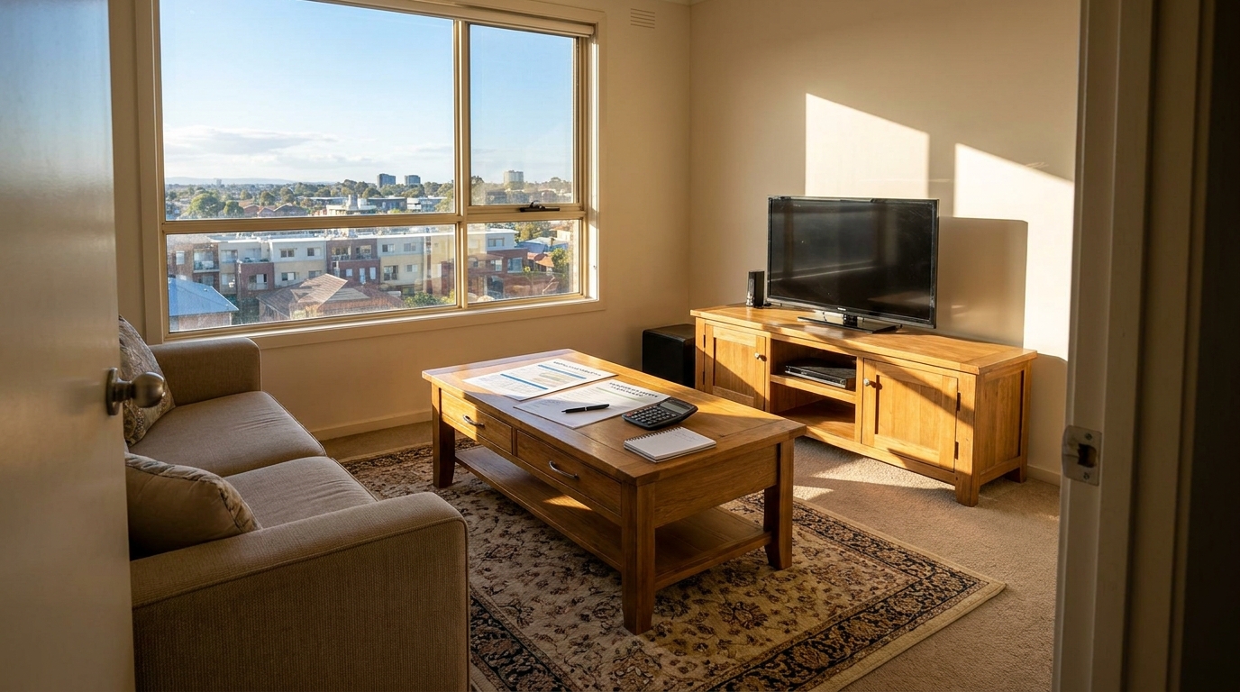 Interior of a modest apartment or unit showing living room with rental yield data - Somerstone Property Group