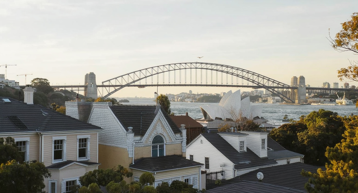 Sydney Harbour Bridge and Opera House viewed from a North Sydney street-level vantage - Somerstone Property Group