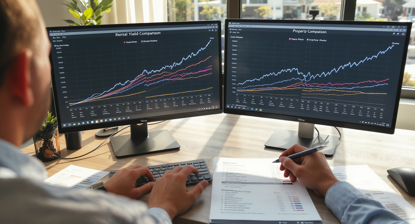 Dual-monitor analyst workstation displaying side-by-side rental yield comparison charts - Somerstone Property Group