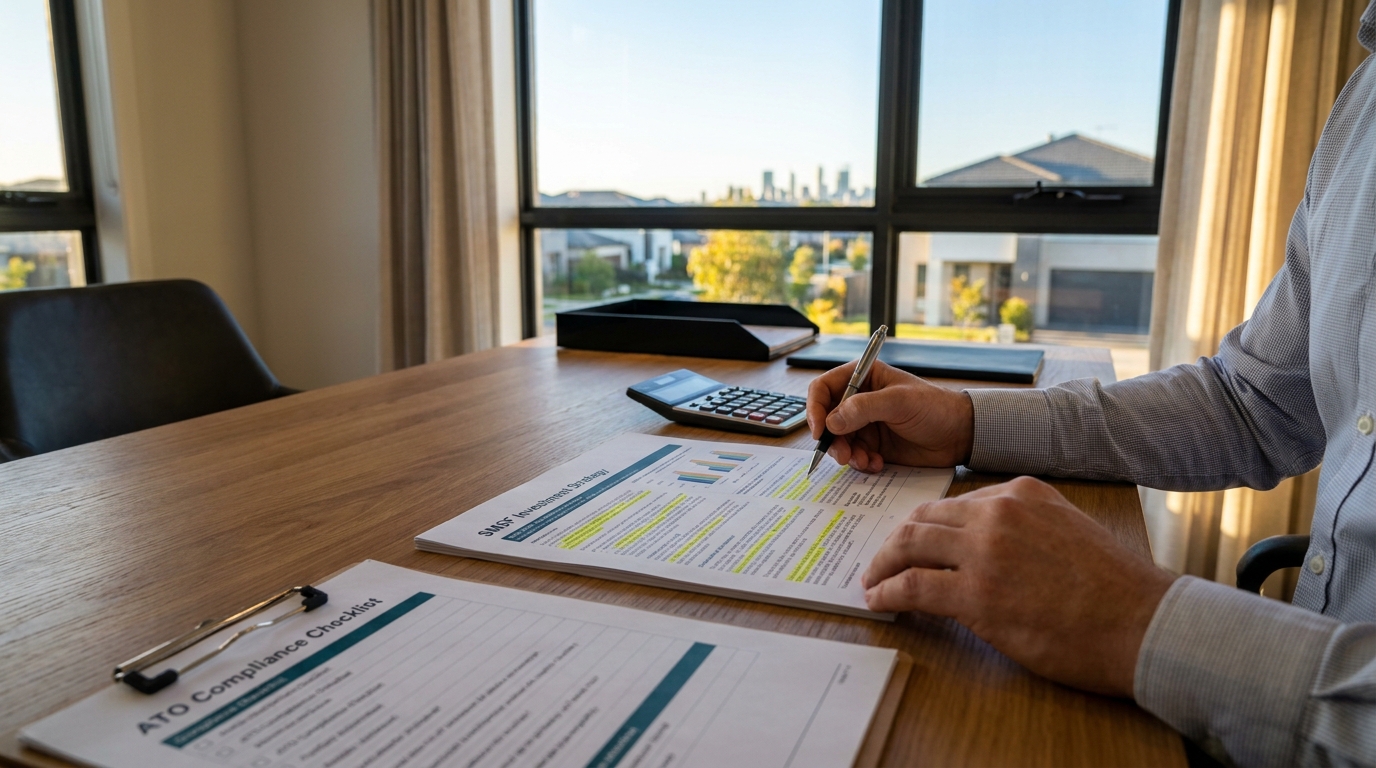 SMSF trustee reviewing printed investment strategy document at desk while annotating - Somerstone Property Group