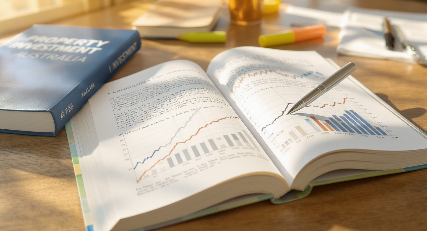 Open property investment book with annotated margin notes and a hand-drawn trend line - Somerstone Property Group