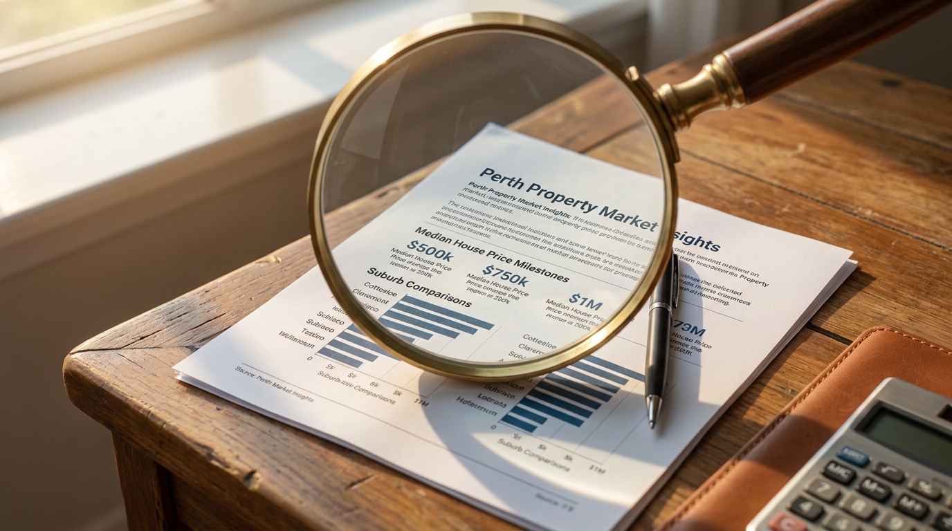 A magnifying glass positioned over a printed Perth property market data sheet showing - Somerstone Property Group