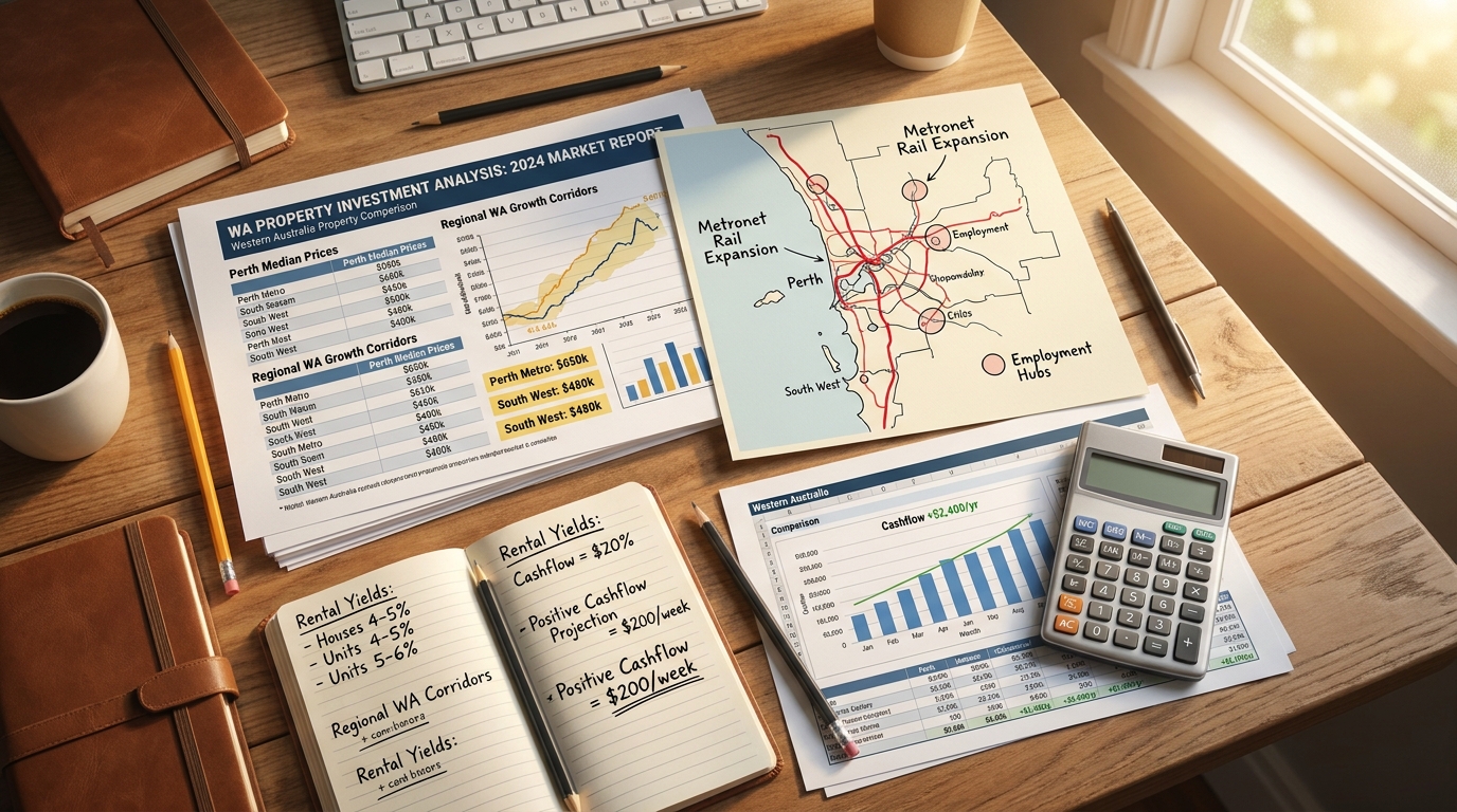 Western Australia property investment analysis: printed WA market comparison sheet with - Somerstone Property Group