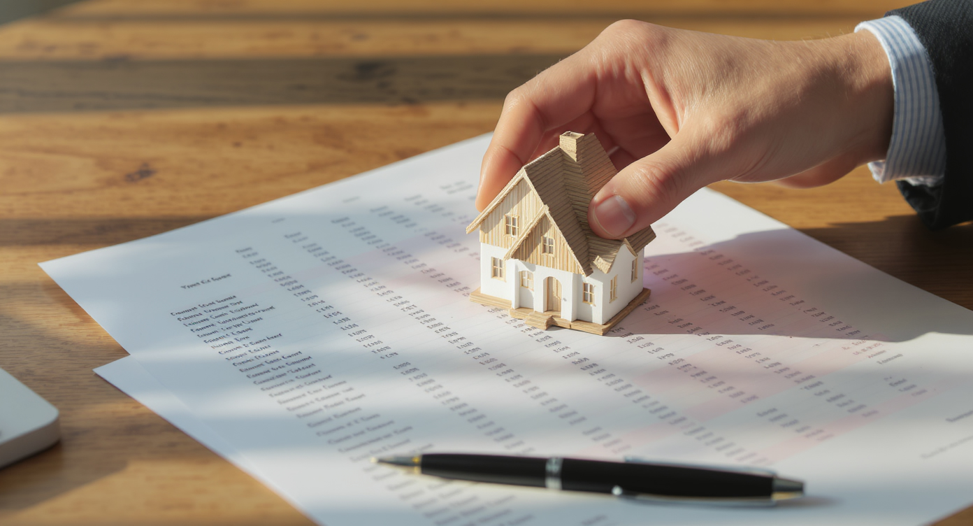A hand holding a small architectural model house over a printed Australian property - Somerstone Property Group