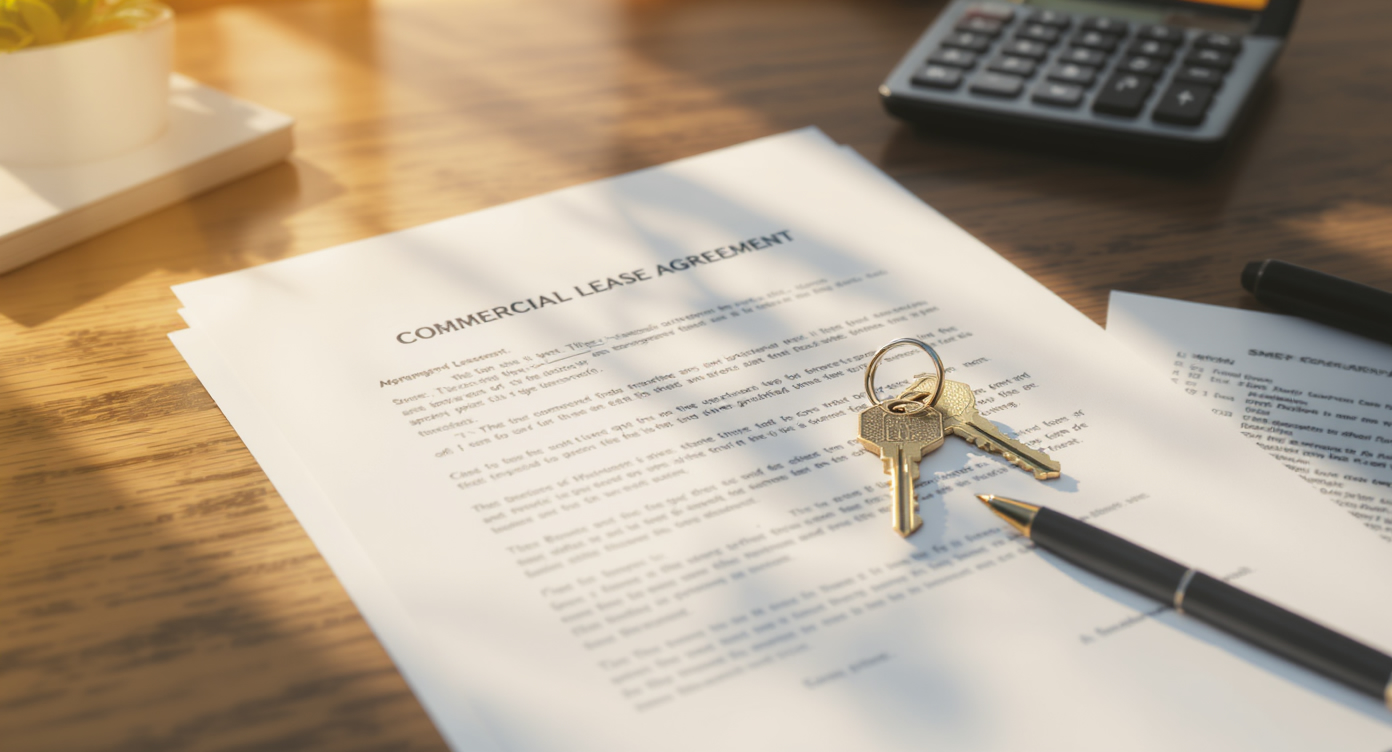 A commercial property lease agreement and set of brass keys on a timber desk with SMSF - Somerstone Property Group