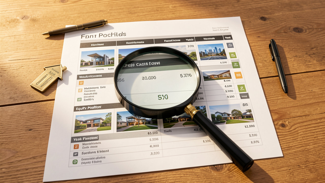 A multi-property investment portfolio tracker printed on A3 paper with property cards, - Somerstone Property Group