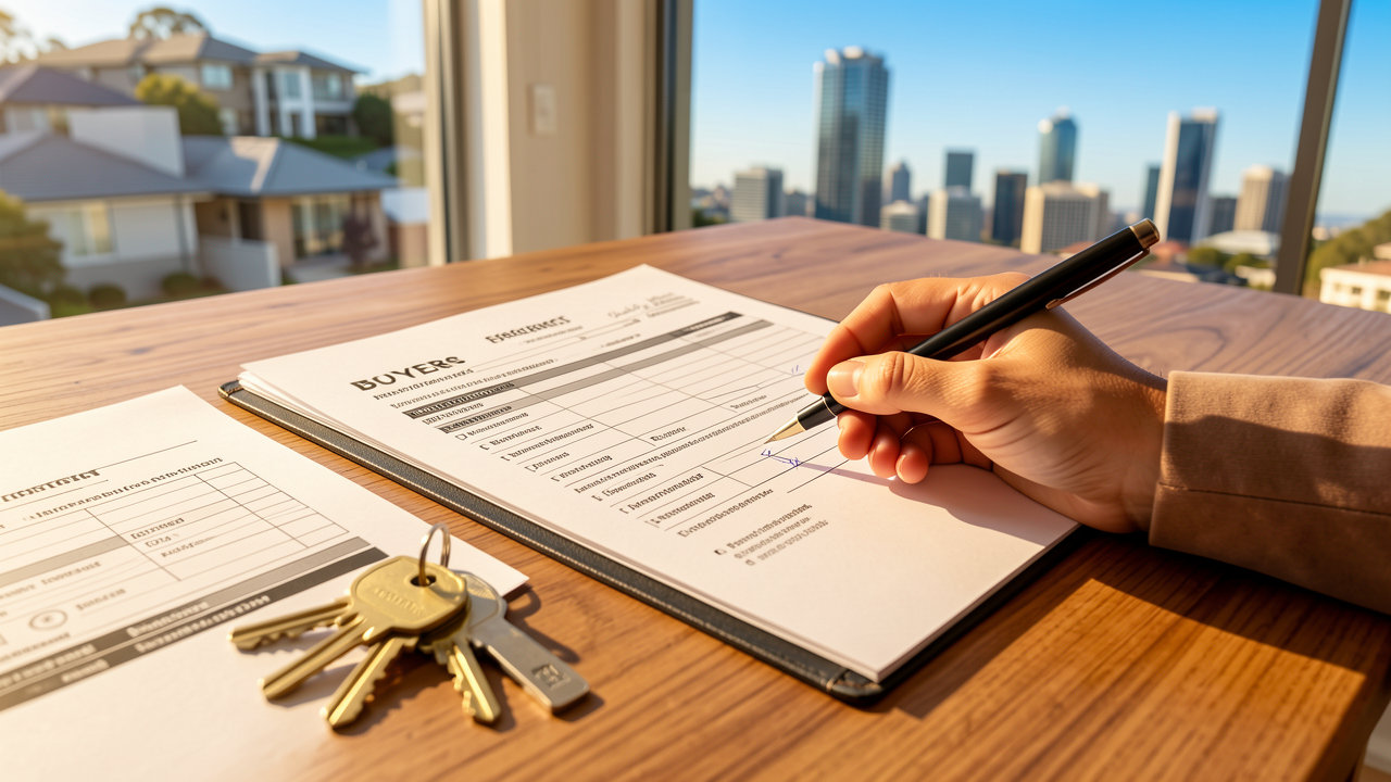 A buyers agent's contract folder with property inspection checklist, pen poised - Somerstone Property Group