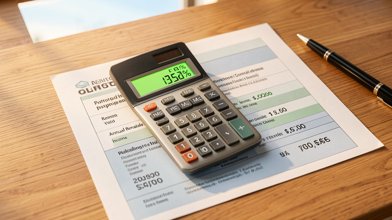 A calculator displaying a rental yield percentage result, positioned on top of a printed - Somerstone Property Group