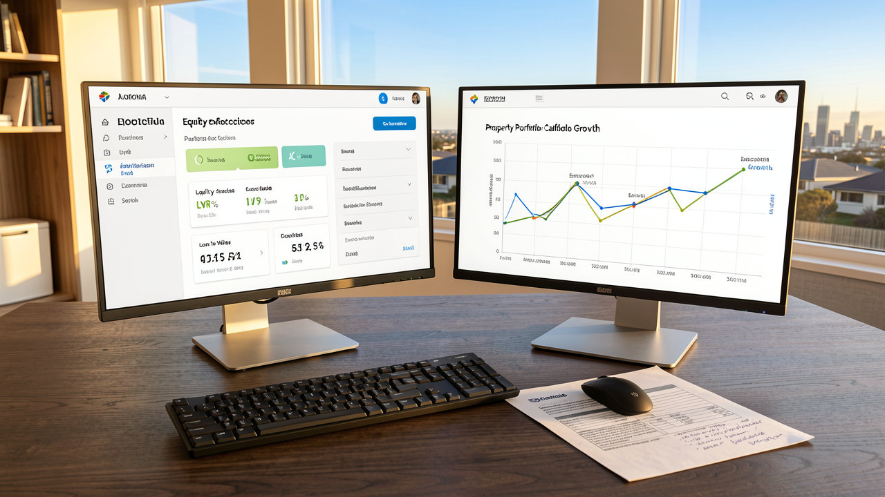 Dual-monitor analyst workstation displaying equity extraction calculator on left screen - Somerstone Property Group