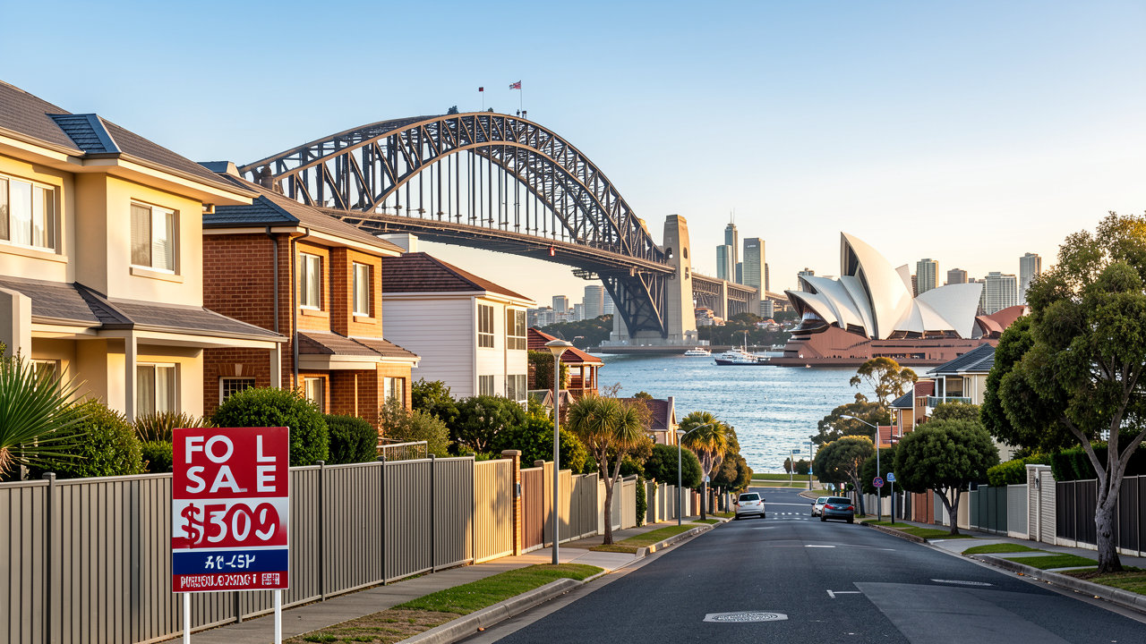 Sydney Harbour Bridge and Opera House viewed from a street-level vantage point with - Somerstone Property Group