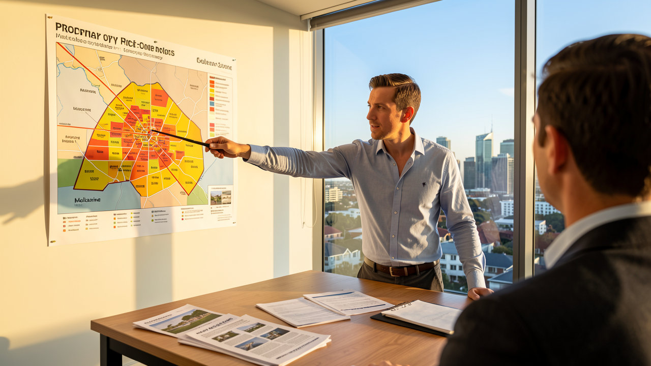Property analyst pointing at Melbourne suburb price-comparison map on office wall - Somerstone Property Group