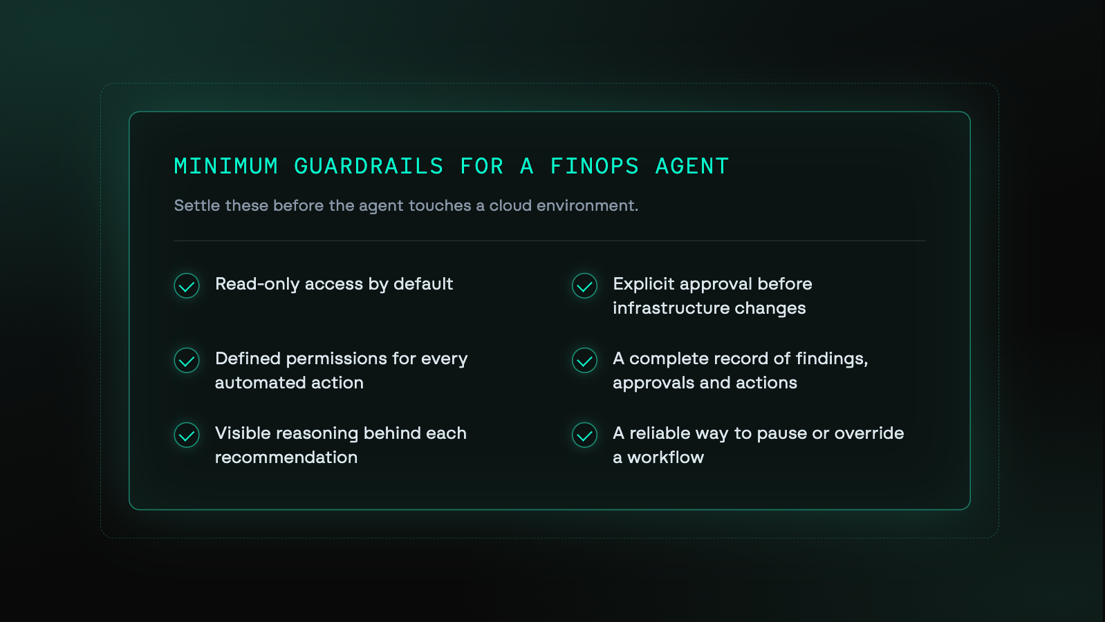 Checklist titled "Minimum guardrails for a FinOps agent" with six items: read-only access by default, defined permissions for every automated action, visible reasoning behind each recommendation, explicit approval before infrastructure changes, a complete record of findings, approvals and actions, and a reliable way to pause or override a workflow.