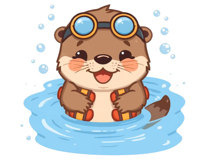 Happy otter named Otto floating on its back in a pool, ready for swim class
