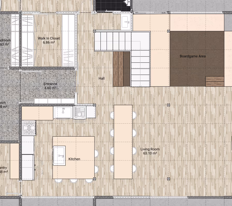 Floor plan showing a kitchen with an island, a large living room, a hall, a walk-in closet, entrance, board game area, pantry, and porch.