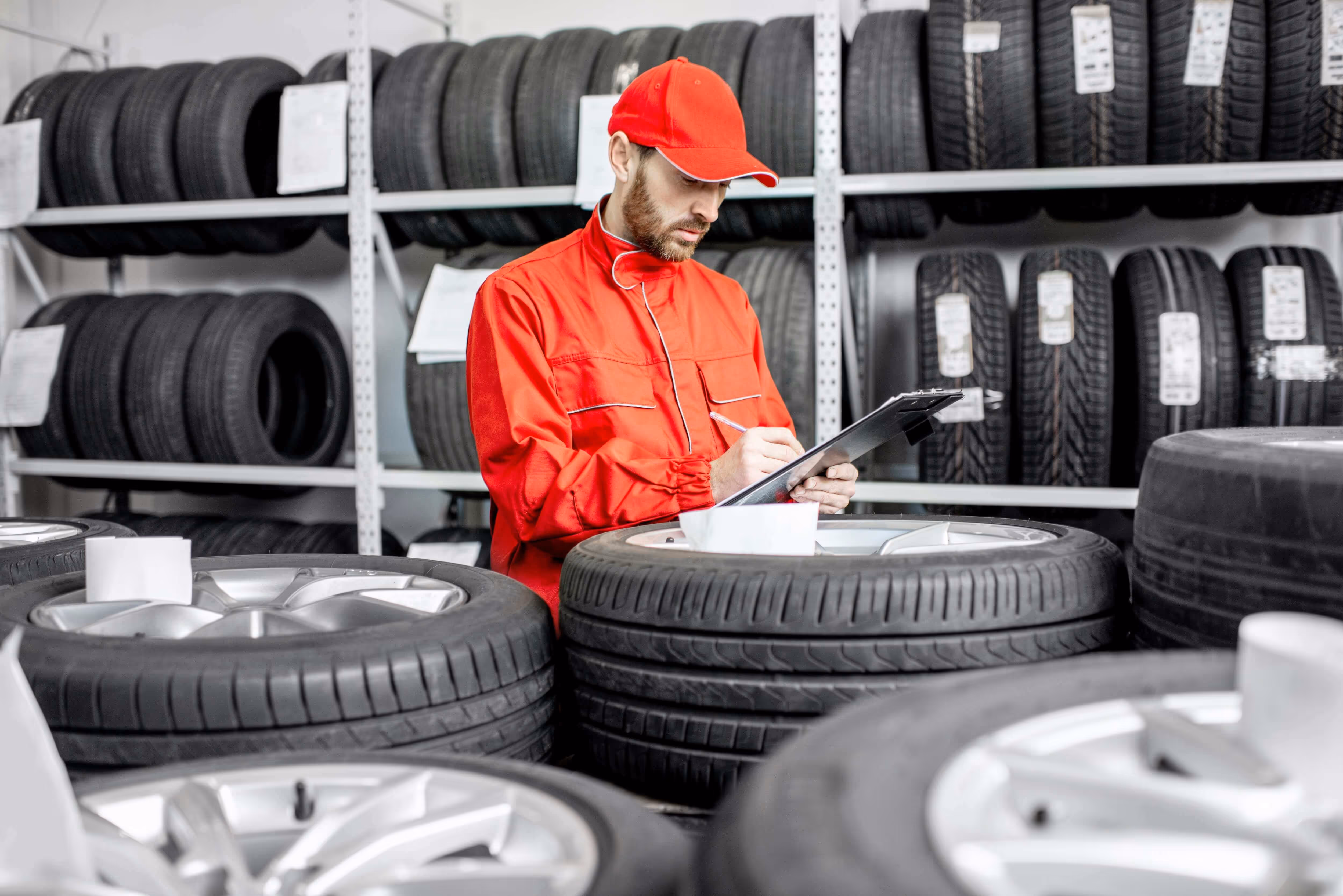 A professional tyre technician in a workshop inspecting stock, showcasing Stellix Results' specialist website design for tyre fitters and mobile tyre shops.