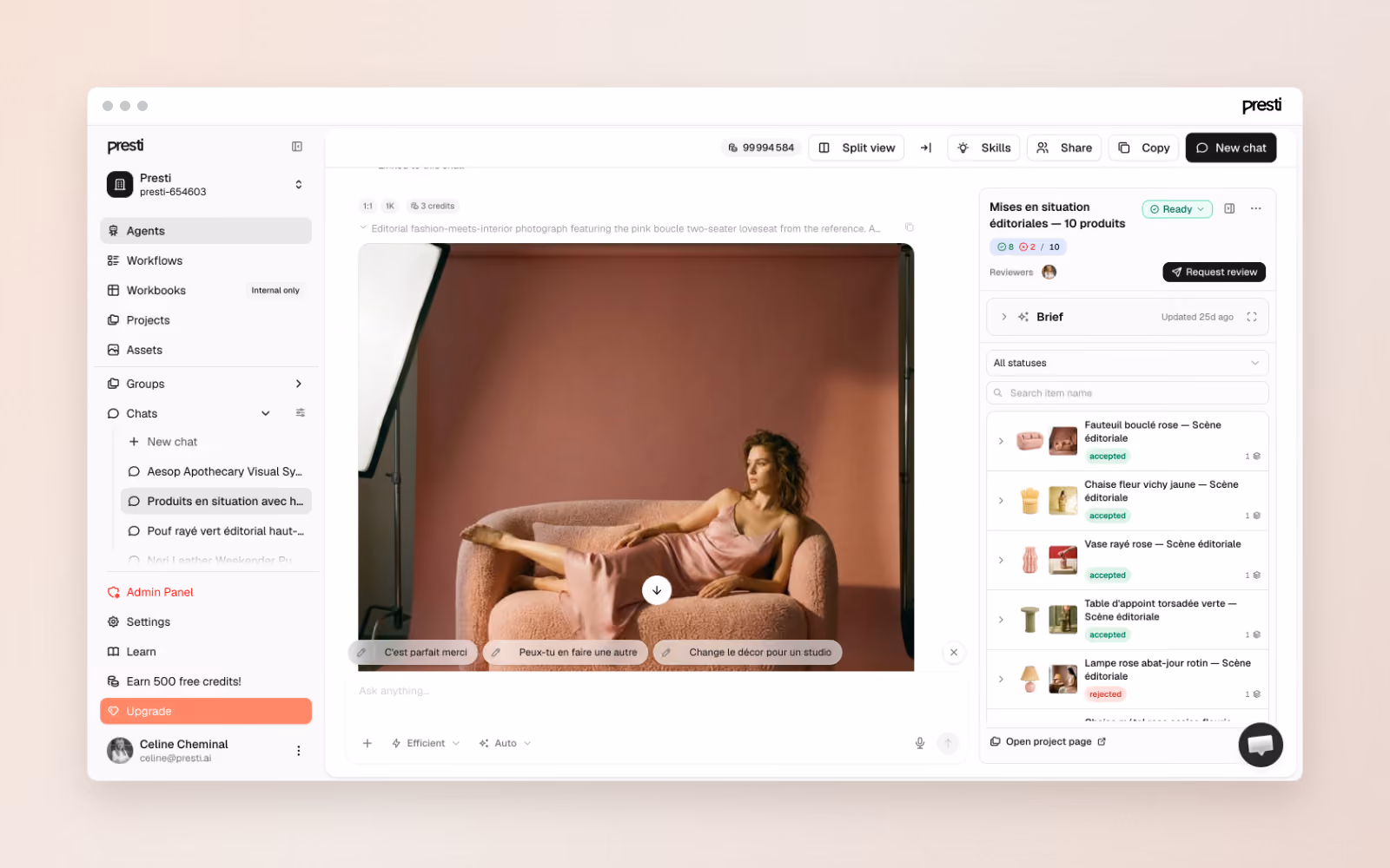 Interface de l'agent Presti pour briefer la production d'images et de vidéos