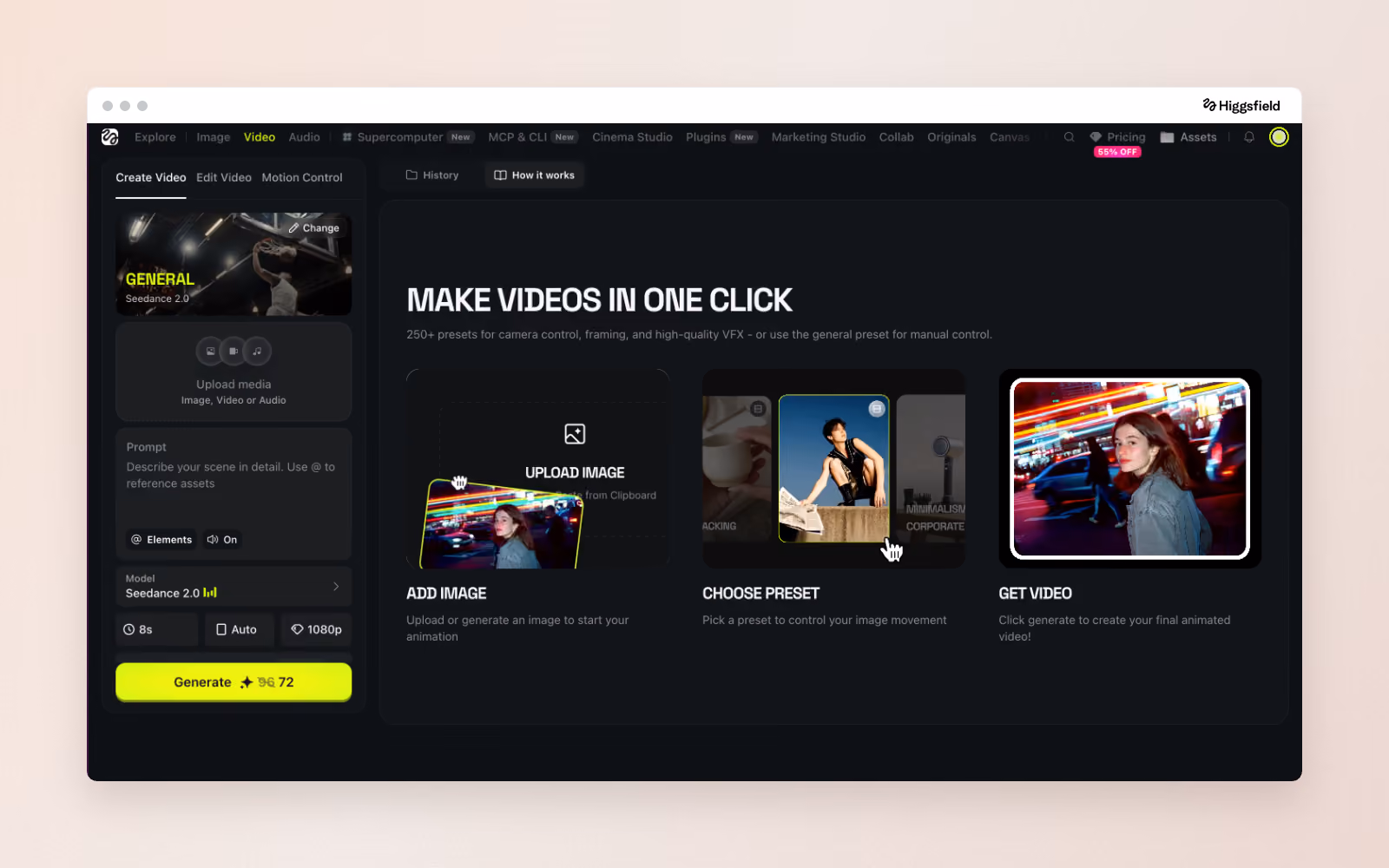 Interface du Marketing Studio de Higgsfield pour générer des publicités vidéo