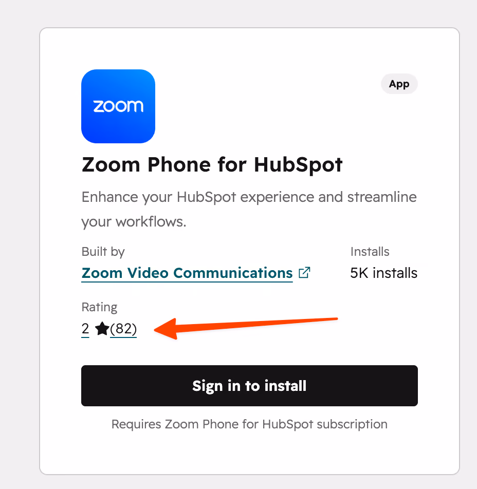 Fiche Zoom Phone pour HubSpot sur la marketplace HubSpot affichant une note de 2 étoiles