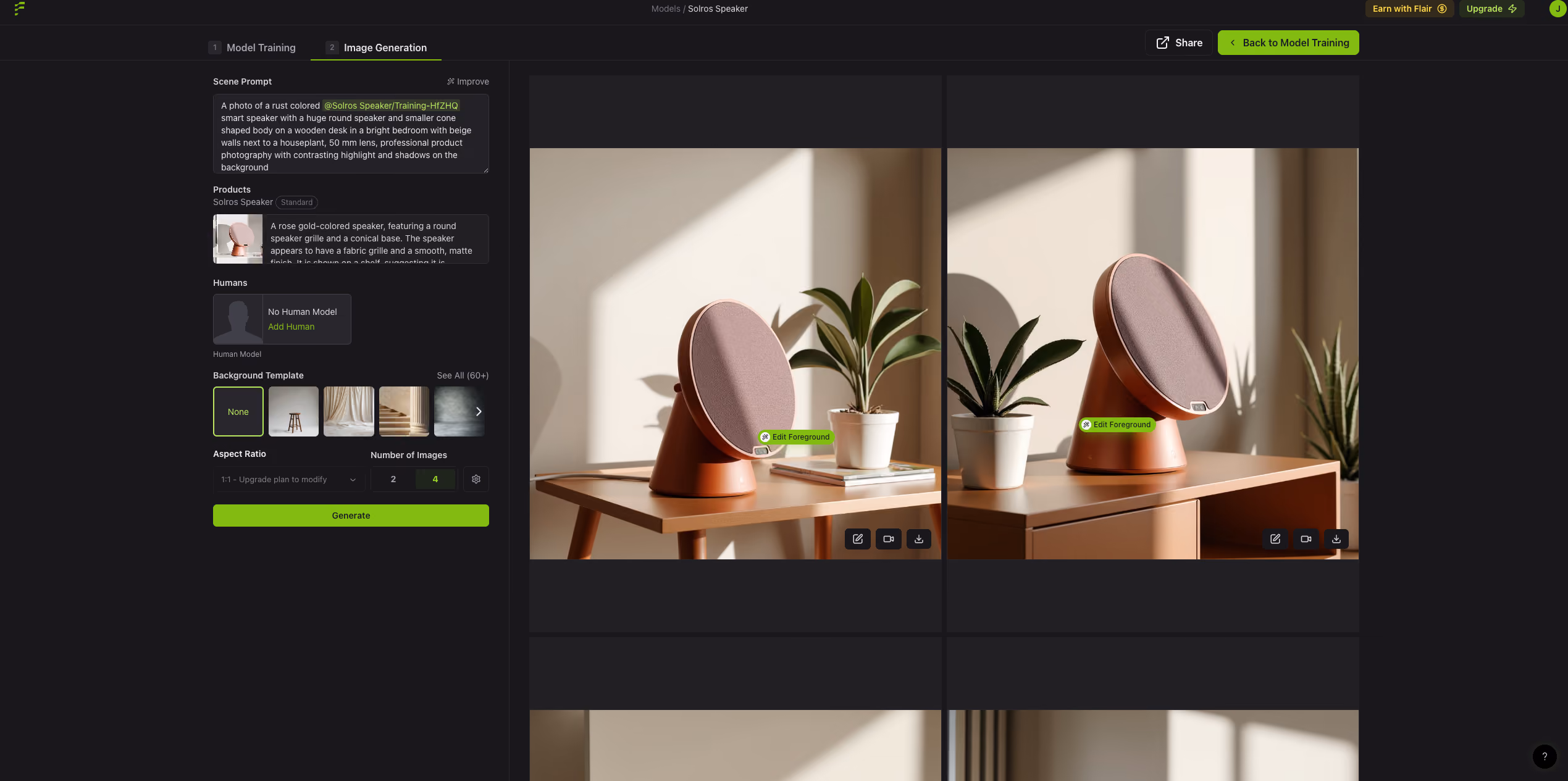 Interface Flair AI : scènes lifestyle générées pour une enceinte entraînée comme modèle produit, à partir d'un prompt de scène