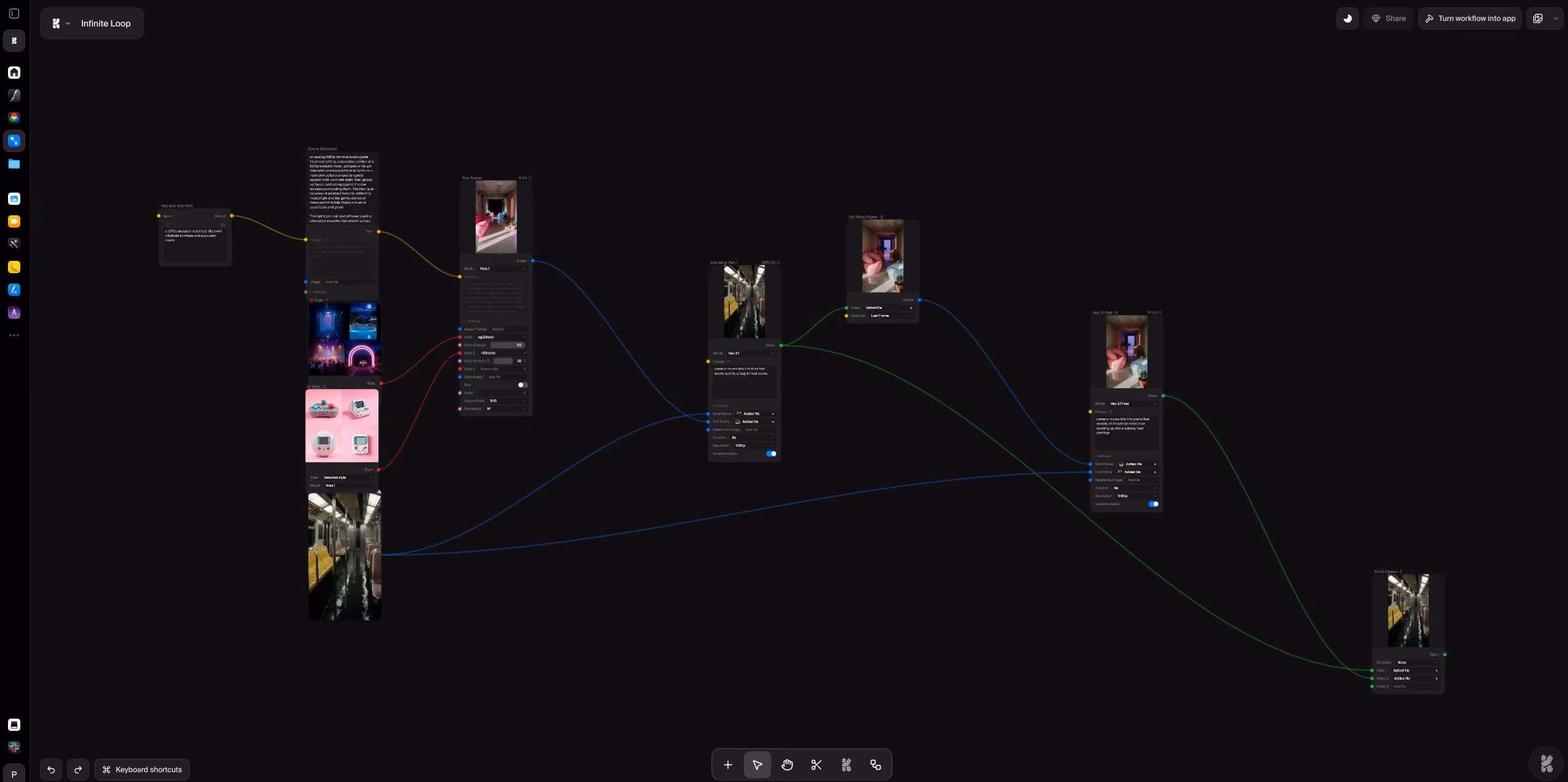 Workflow à nœuds Krea AI : prompt de scène, références de style et nœuds d'image chaînés vers des générations vidéo Veo 3.1