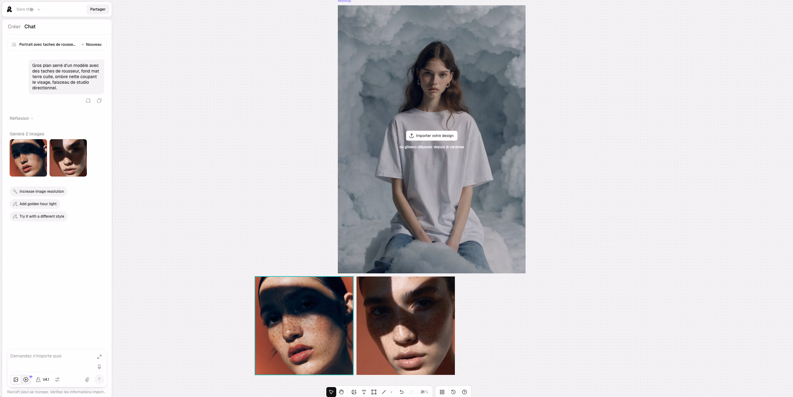 Interface de chat Recraft : portraits d'un modèle aux taches de rousseur et application d'un design sur un mockup de t-shirt