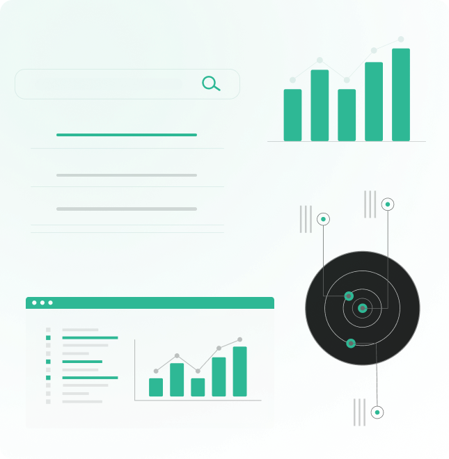 Abstract digital illustration featuring search bar, bar charts, line graphs, and a circular radar chart on a green textured background.