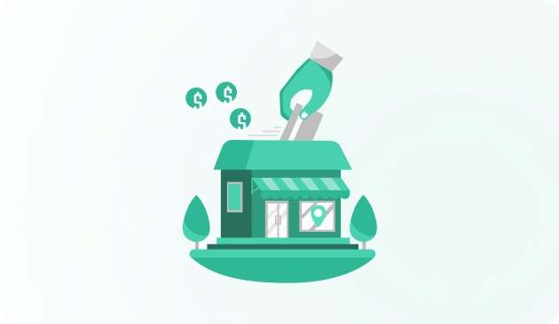 Illustration of a hand placing a coin into a small storefront building with dollar signs floating around it.