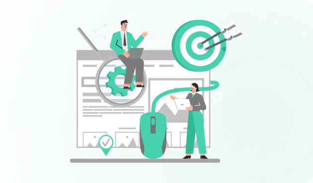 Illustration of two business people working with a laptop, a large computer mouse, a magnifying glass over a gear, a target with arrows, and a webpage in the background symbolizing marketing and analytics.