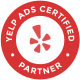 Yelp Ads Certified Partner badge with Yelp logo in white on a red circular background.