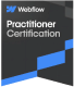 Webflow Practitioner Certification badge with layered black and blue design.