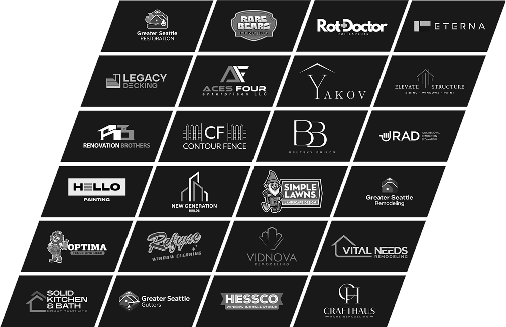 Grid of 20 logos for various home improvement and remodeling businesses including Greater Seattle Restoration, Rare Bears Fencing, Rot Doctor, Eterna, Legacy Decking, Aces Four Enterprises LLC, Yakov, Elevate Structure, Renovation Brothers, Contour Fence, Drutsky Builds, RAD Junk Removal, Hello Painting, New Generation Builds, Simple Lawns Landscape Design, Greater Seattle Remodeling, Optima Fence and Deck, Refyne Window Cleaning, Vidnova Remodeling, Vital Needs Remodeling, Solid Kitchen & Bath, Greater Seattle Gutters, Hessco Window Installations, and Crafthaus Home Remodeling.