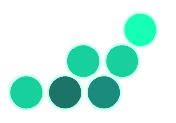 Six turquoise circles arranged in a hexagonal pattern with a glowing effect on a light green background.