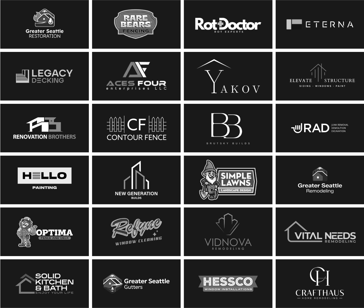A grid of 20 logos of various home improvement and remodeling companies including Greater Seattle Restoration, Rare Bears Fencing, Rot Doctor, Eterna, Legacy Decking, Aces Four Enterprises LLC, Yakov, Elevate Structure, Renovation Brothers, CF Contour Fence, Brutsky Builds, RAD Junk Removal, Hello Painting, New Generation Builds, Simple Lawns Landscape Design, Greater Seattle Remodeling, Optima Fence and Deck, Refyne Window Cleaning, Vidnova Remodeling, Vital Needs Remodeling, Solid Kitchen and Bath, Greater Seattle Gutters, Hessco Window Installations, and Crafthaus Home Remodeling.