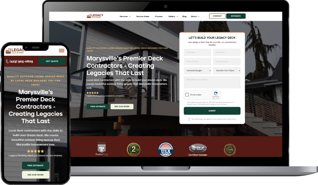 Website homepage for Marysville’s premier deck contractors showing mobile and desktop views with a contact form and call-to-action buttons for free estimate and work portfolio.