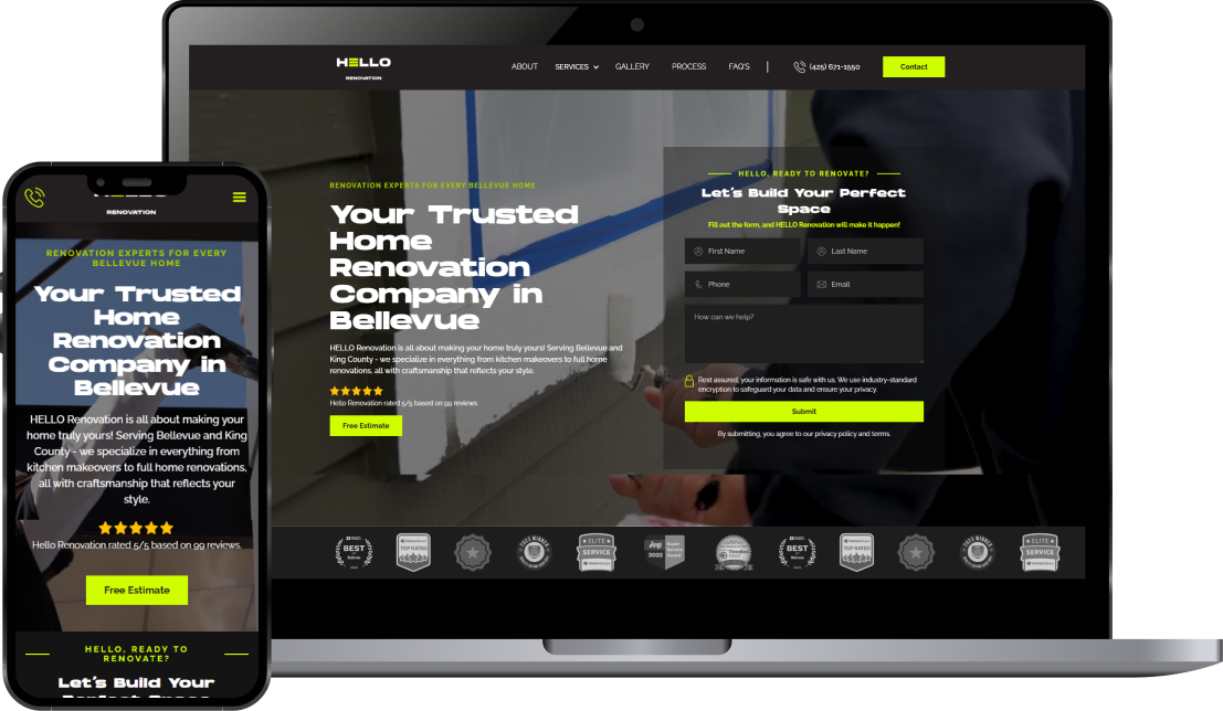 Website homepage of HELLO Renovation showing trusted home renovation services in Bellevue with contact form and customer rating.