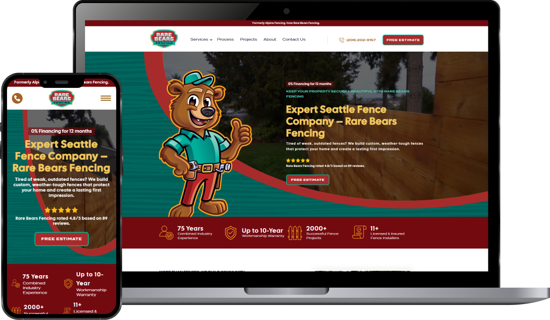 Responsive website for Rare Bears Fencing shown on a laptop and smartphone, featuring a cartoon bear mascot, service highlights, rating, and a free estimate button.
